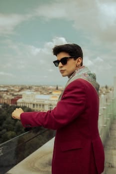 Elegant man in red jacket with sunglasses gazing over Ciudad de México skyline, exuding modern fashion.